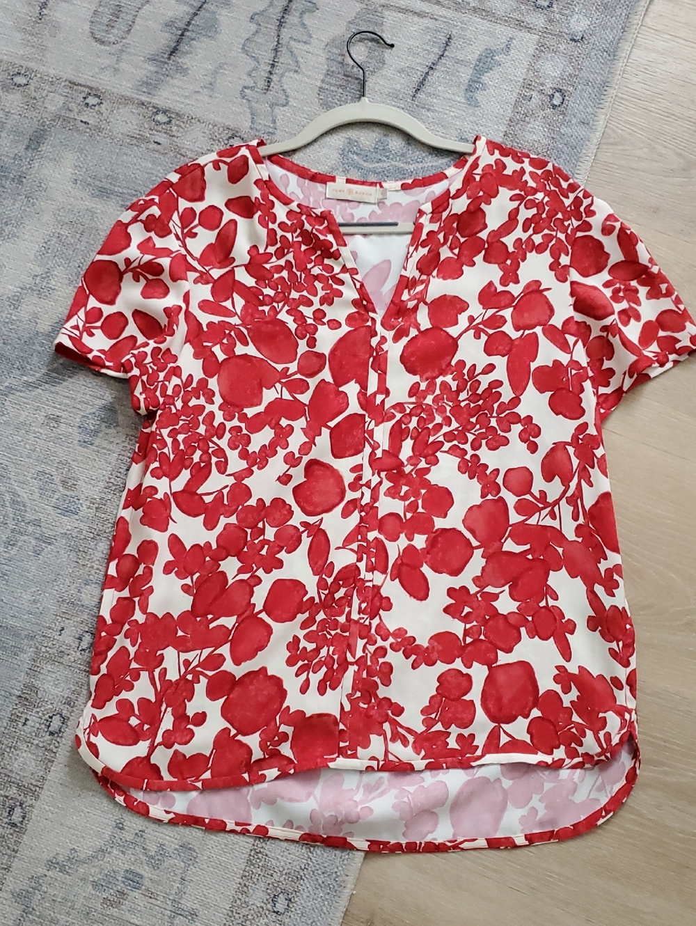 Tory Burch Floral Print Red White Short Sleeve Blouse Top Shirt Sz8
